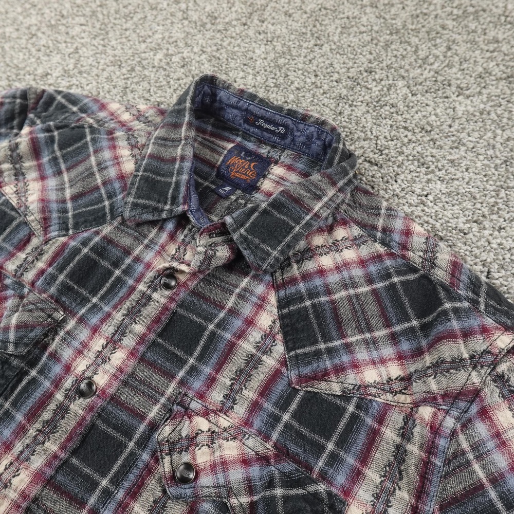 Moon Shine‎ Spirit Shirt Mens M Gray Plaid Western Snap Flannel Button Up Cowboy